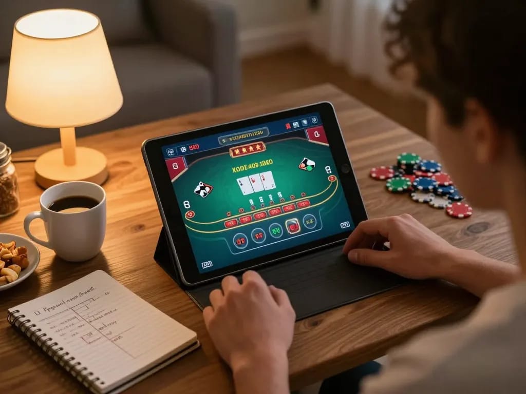 Engaging gaming experience with king33 on a tablet during an online blackjack session at home.