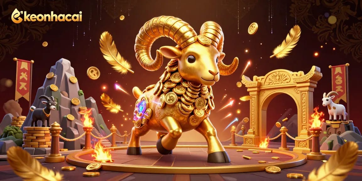 Engage with keonhacai as the golden ram charges through a vibrant gambling arena.