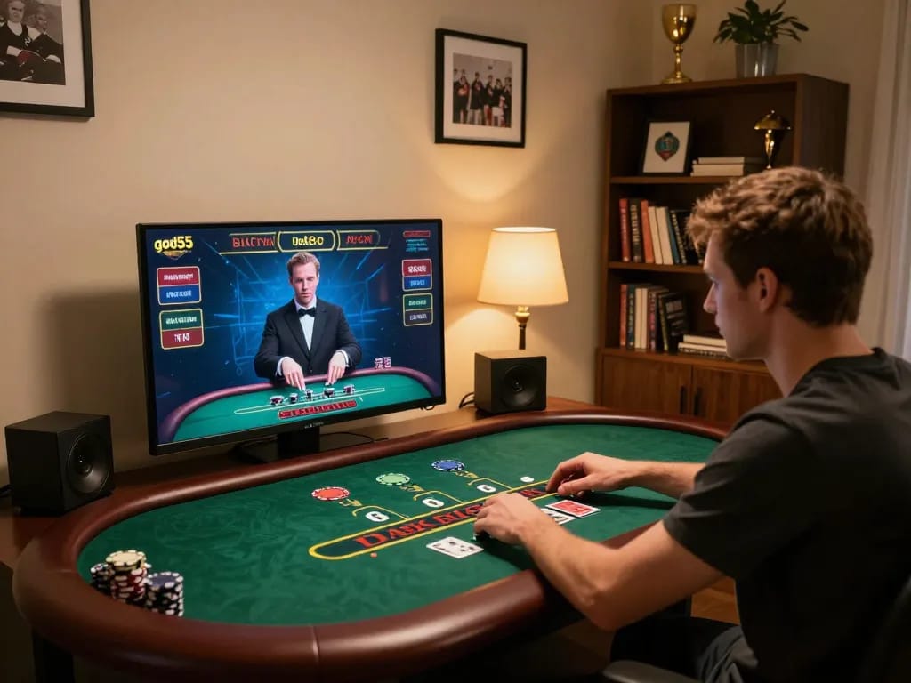 Player engaging in online blackjack at god55 with virtual dealer and cozy home setting