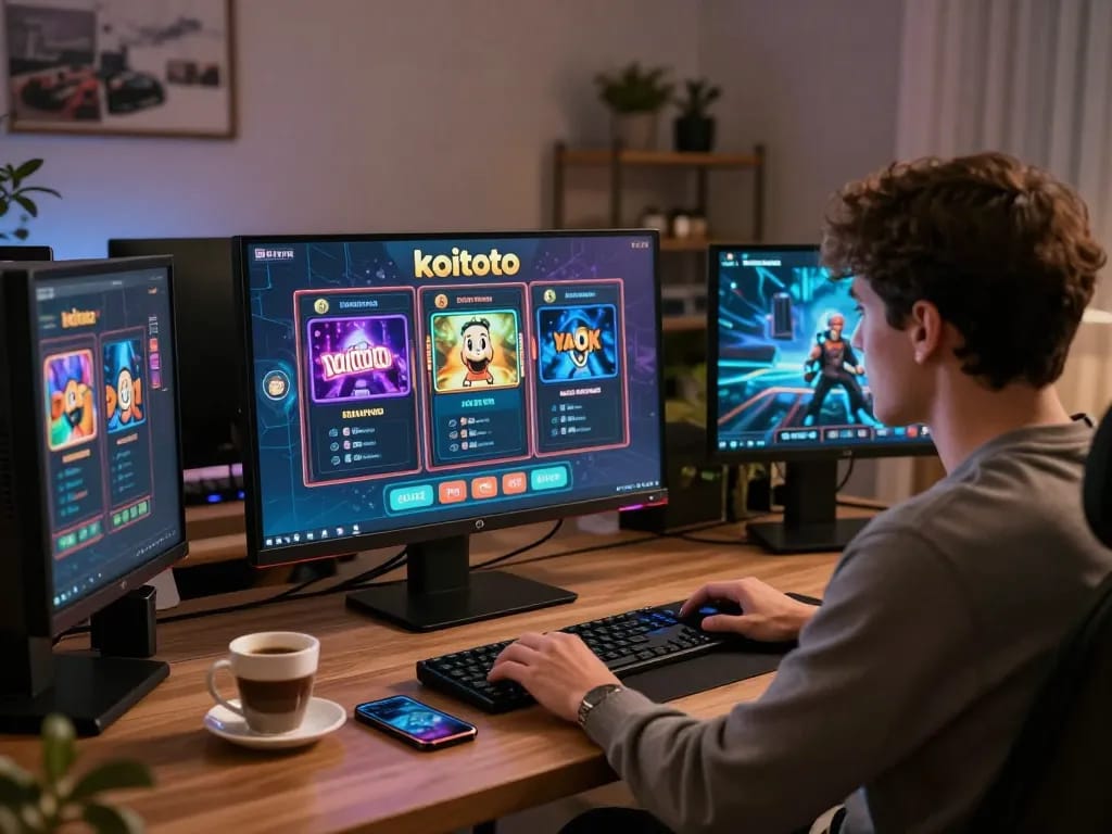 Engaging in exciting koitoto slot games in a stylish home office setup with interactive display.