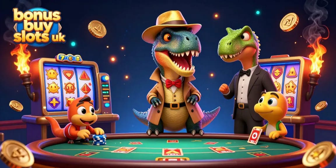 Experience the excitement of bonus buy slots uk with a velociraptor card counter and a stegosaurus pit boss in a lively casino environment.