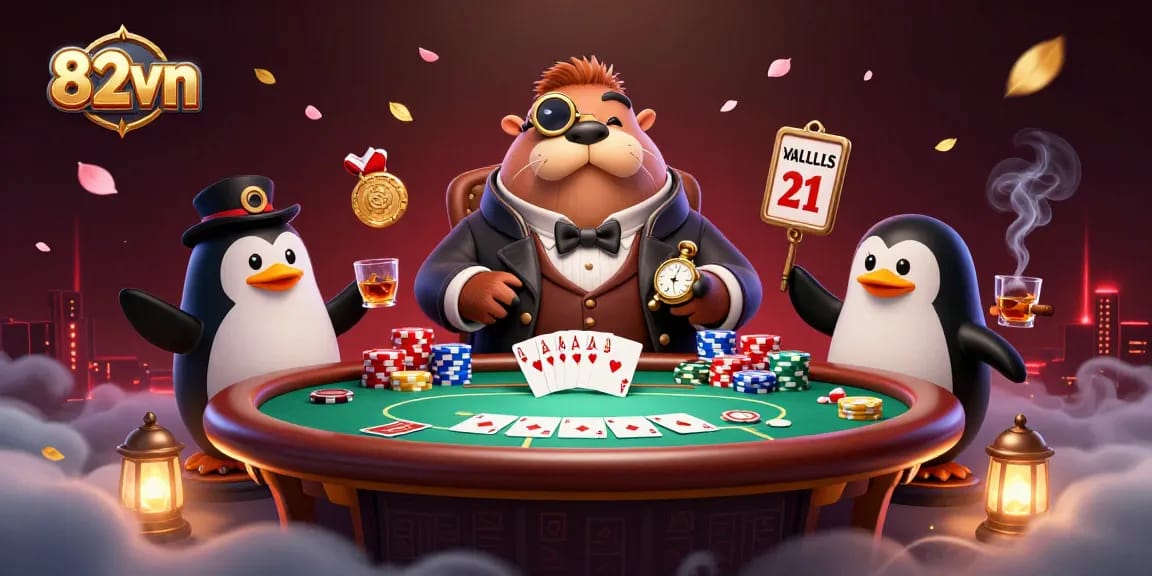 Engage with a jolly walrus at an underwater poker table in 82vn’s vibrant gaming scene.