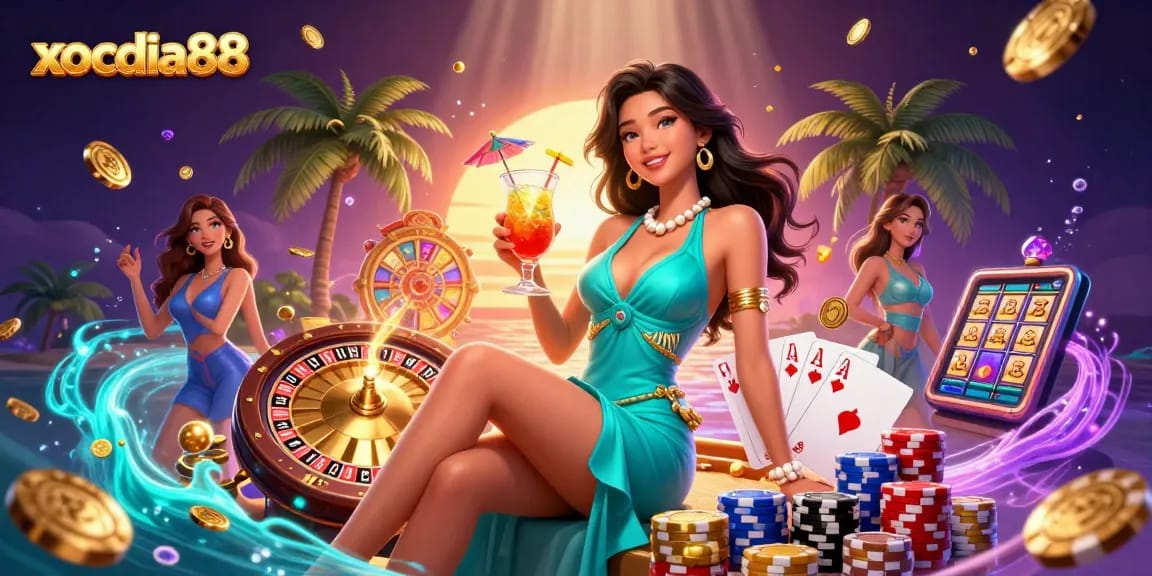 Xocdia88's vibrant casino scene showcases tropical elegance with dynamic games and prizes.