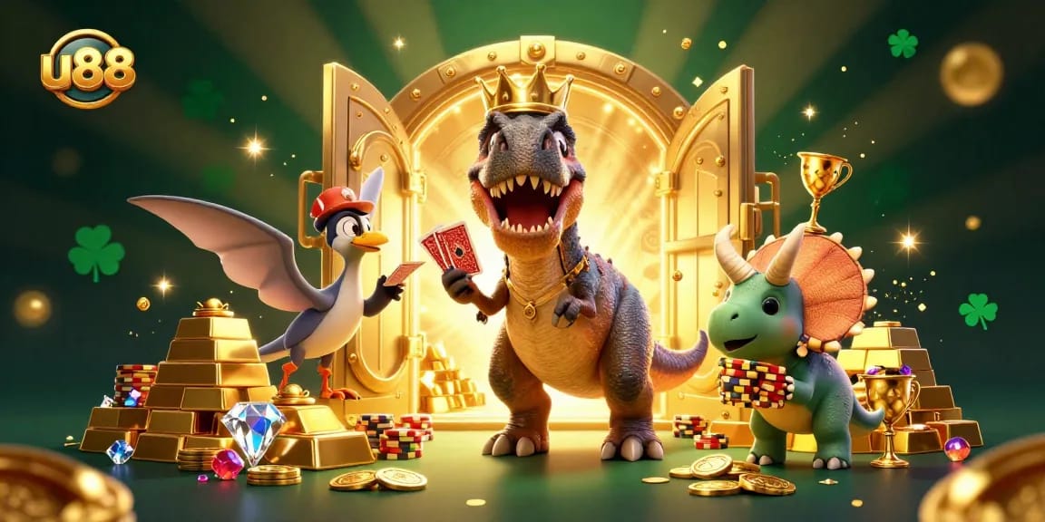 Experience thrilling card games at u88 with exciting characters and a gold-filled casino backdrop.