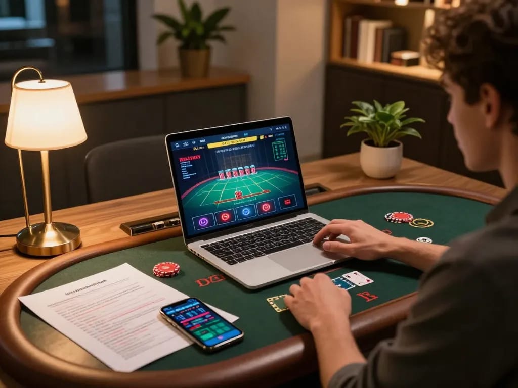 Engaging with online casinos not on gamstop while playing live dealer blackjack on laptop at cozy gaming setup.