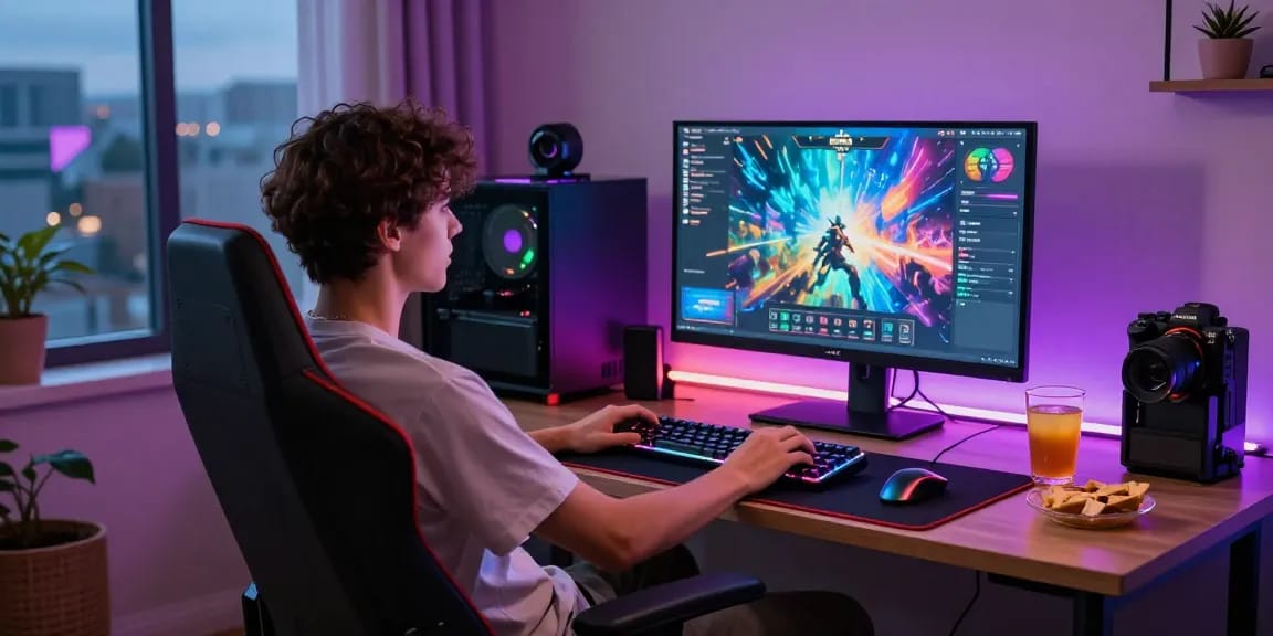 Pengalaman bermain game KUDALIAR89 di ruang gaming modern dengan monitor dan aksesori gaming.