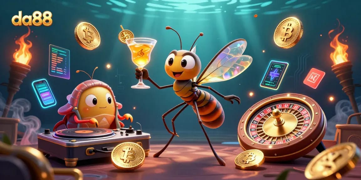 Experience the da88 dynamic scene with a unique mosquito mascot and digital coins in a casino setting.