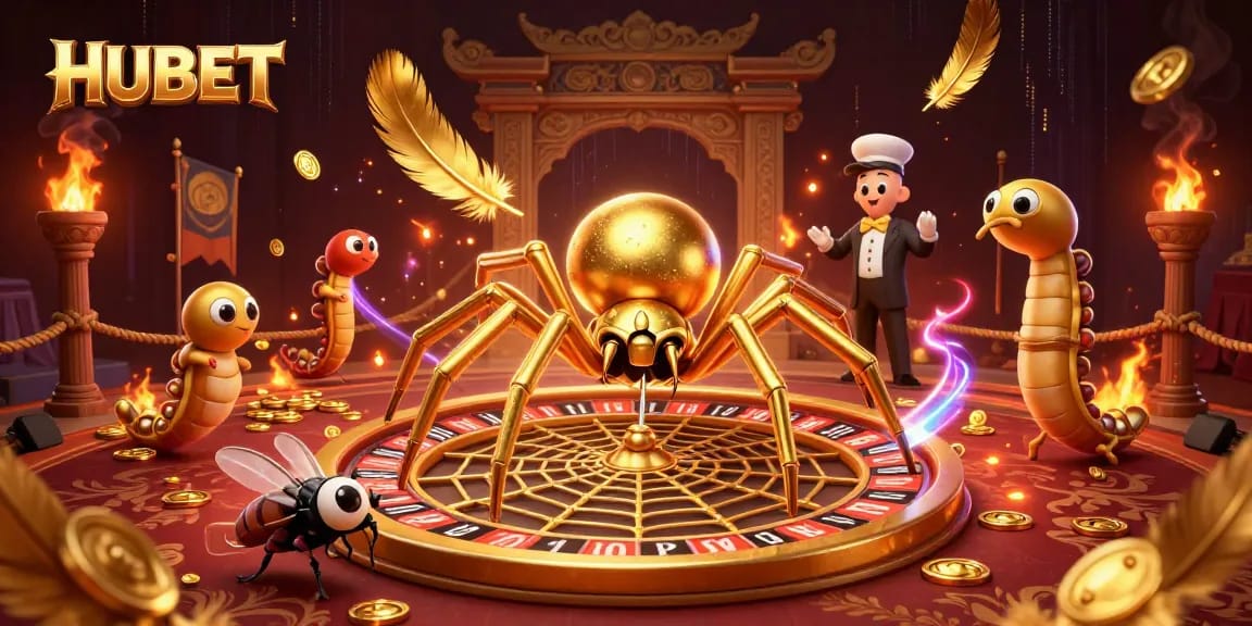 Engage with HUBET's thrilling atmosphere where a golden spider spins a roulette-shaped web, enhancing your betting experience.
