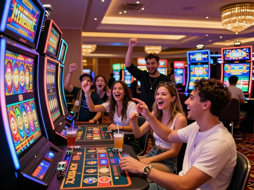 Friends enjoying gaming at rr88.com casino, colorful lights and joyful atmosphere.