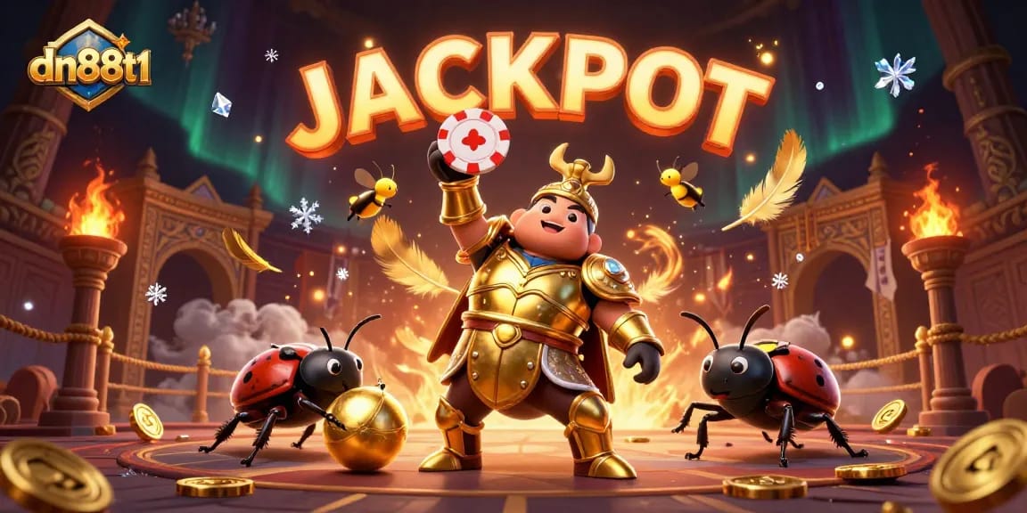 Experience the thrill at dn88t1 with golden chips and fireflies spelling JACKPOT in a vibrant casino scene.