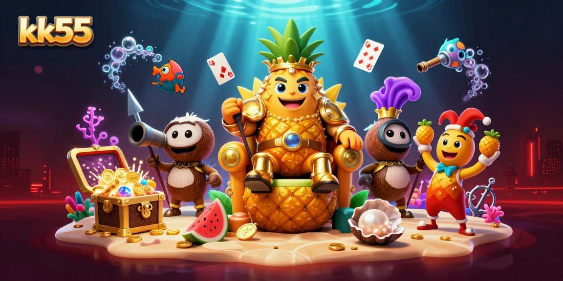 Experience thrilling action with kk55 featuring a golden pineapple king, tropical casino vibes, and vibrant gaming elements.