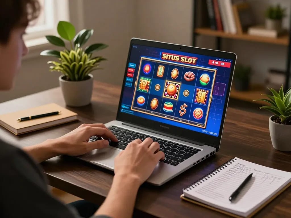 Engaged player strategizing on situs slot gaming with a modern laptop at home.