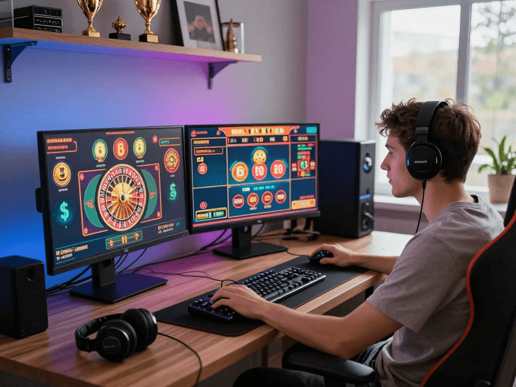 Giocatore concentrato in un ambiente di gioco online con giochi di casino non aams e trofei virtuali.