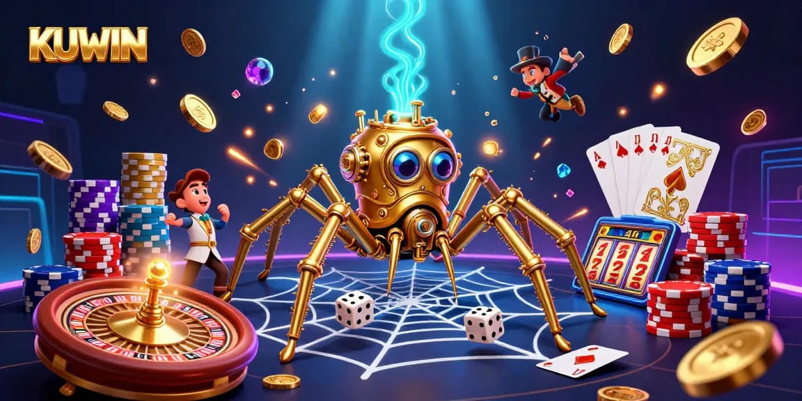 KUWIN captivates players with interactive 3D casino visuals showcasing golden spider and gaming luxury.