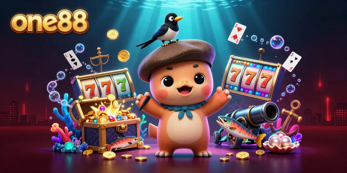 Enhance your gaming with one88’s vibrant 3D illustration featuring lucky slots and playful aquatic characters.