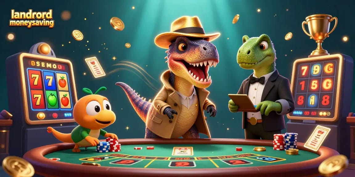 Experience thrilling casino action with landlordmoneysaving-themed velociraptor card counter illustration.