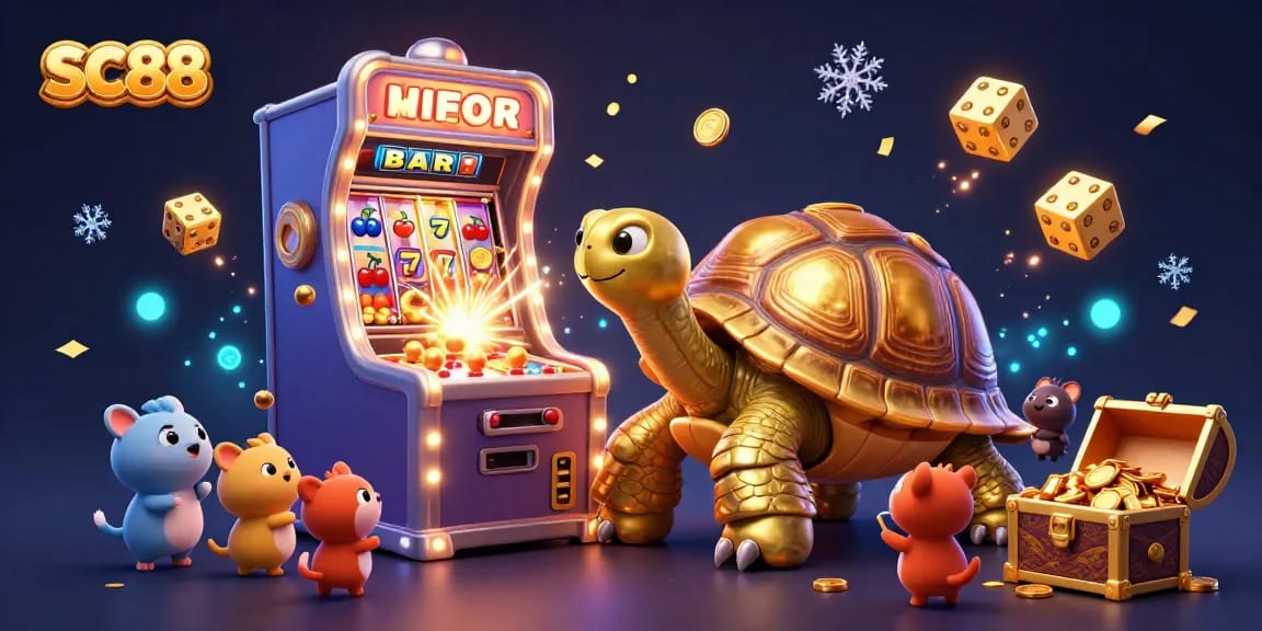 Bet big and win with SC88 at the golden tortoise casino, featuring playful character elements.