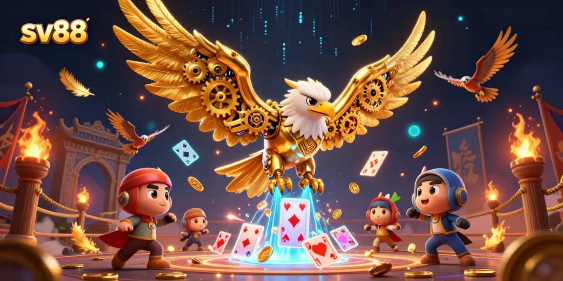 sv88 showcases a golden eagle soaring through holographic playing cards in a vibrant casino scene.