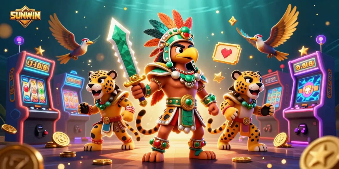 Experience exciting gameplay at SUNWIN with slot reels, Aztec warriors, and vivid game elements.
