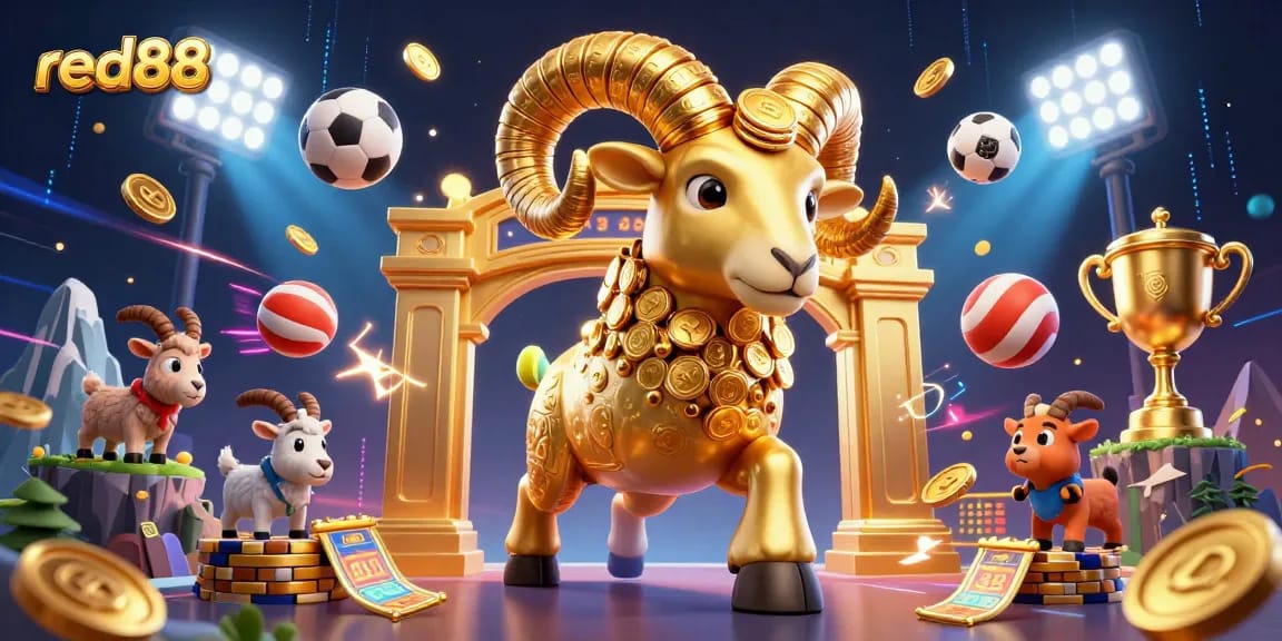 Experience the excitement of red88 as a golden ram charges through a dynamic sports betting scene.