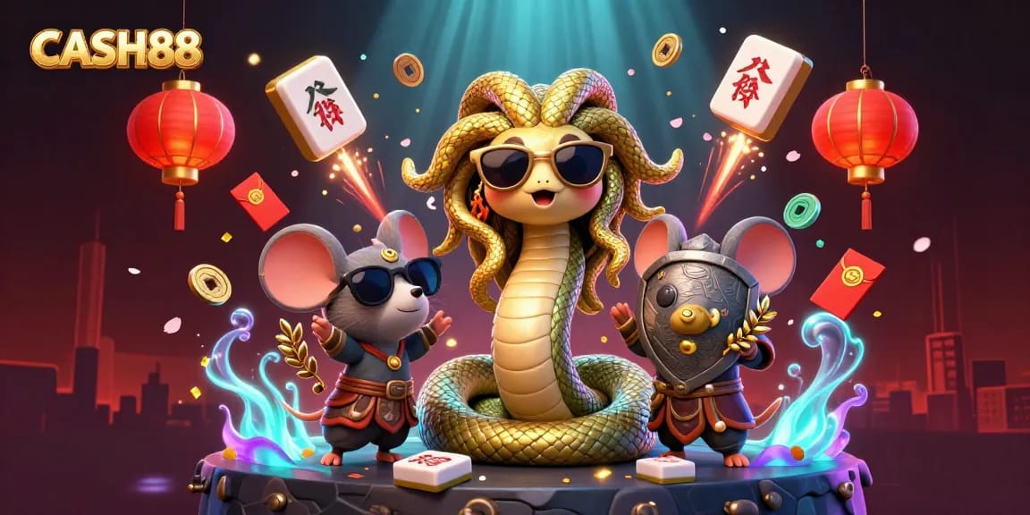 CASH88 captures thrilling gaming moments with a dynamic, colorful 3D illustration featuring Medusa and charming elements.