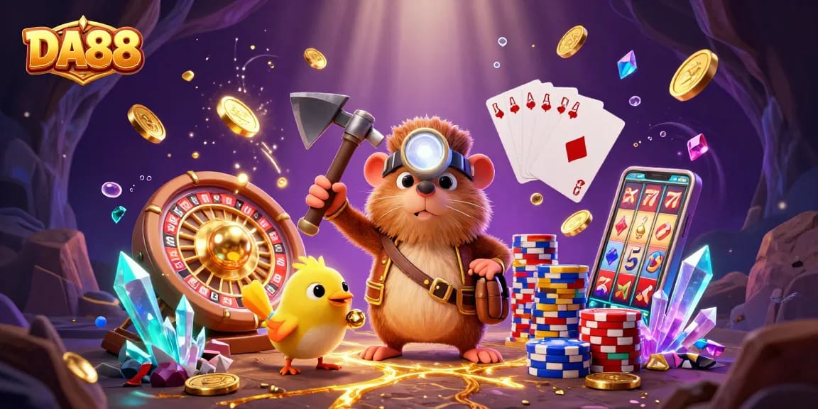 Join the adventure at DA88 with a cartoon mole and canary in a dazzling casino cavern.