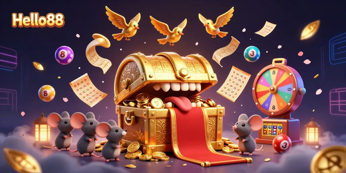 Experience thrilling gameplay at Hello88 with vibrant lottery balls and golden treasures in action.