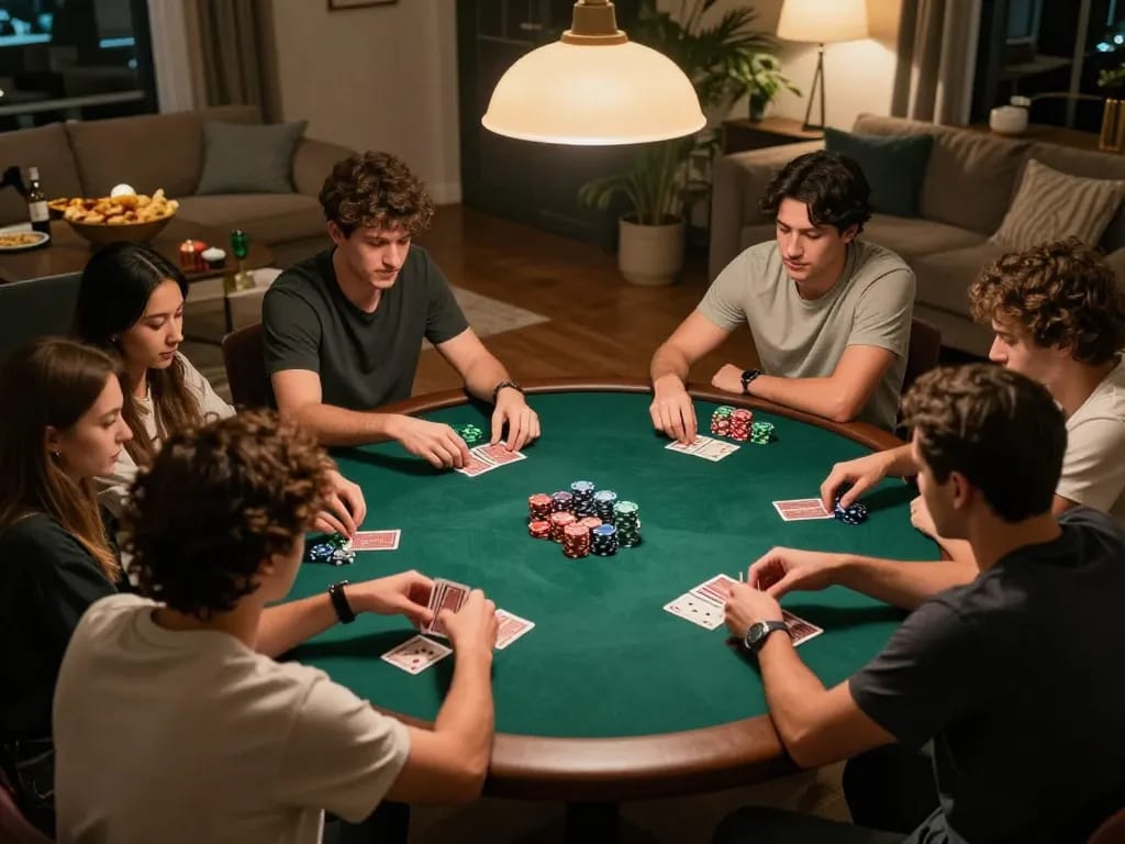 Players enjoying a friendly poker night while using Cakhia TV for live updates and betting insights.
