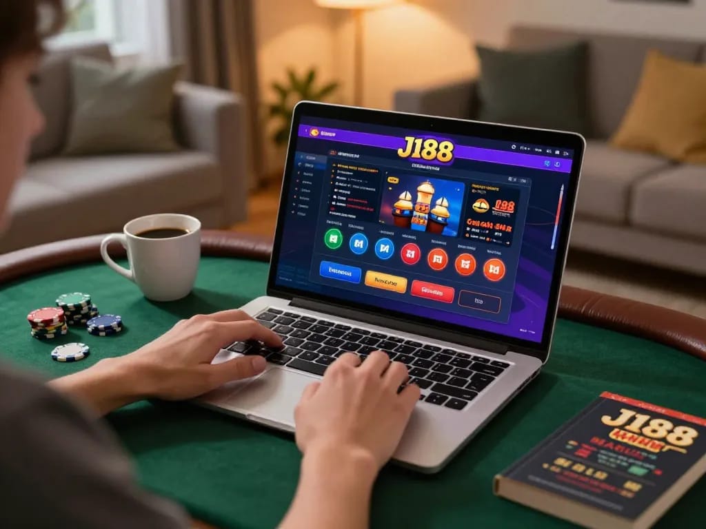 Engaging online gameplay on j188 with vibrant casino interface and cozy home setting.
