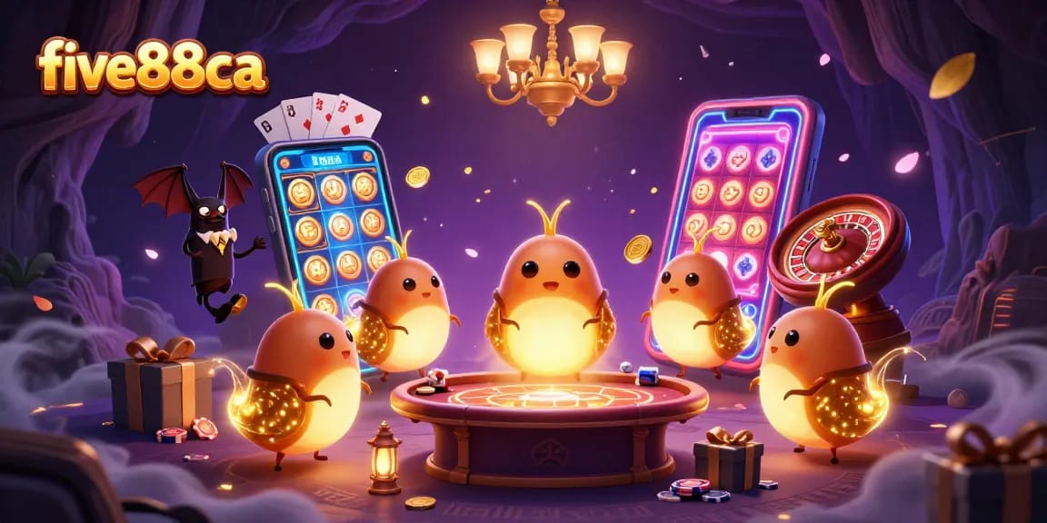Experience thrill with five88ca in an illustrated cave casino where glowworms light the scene.