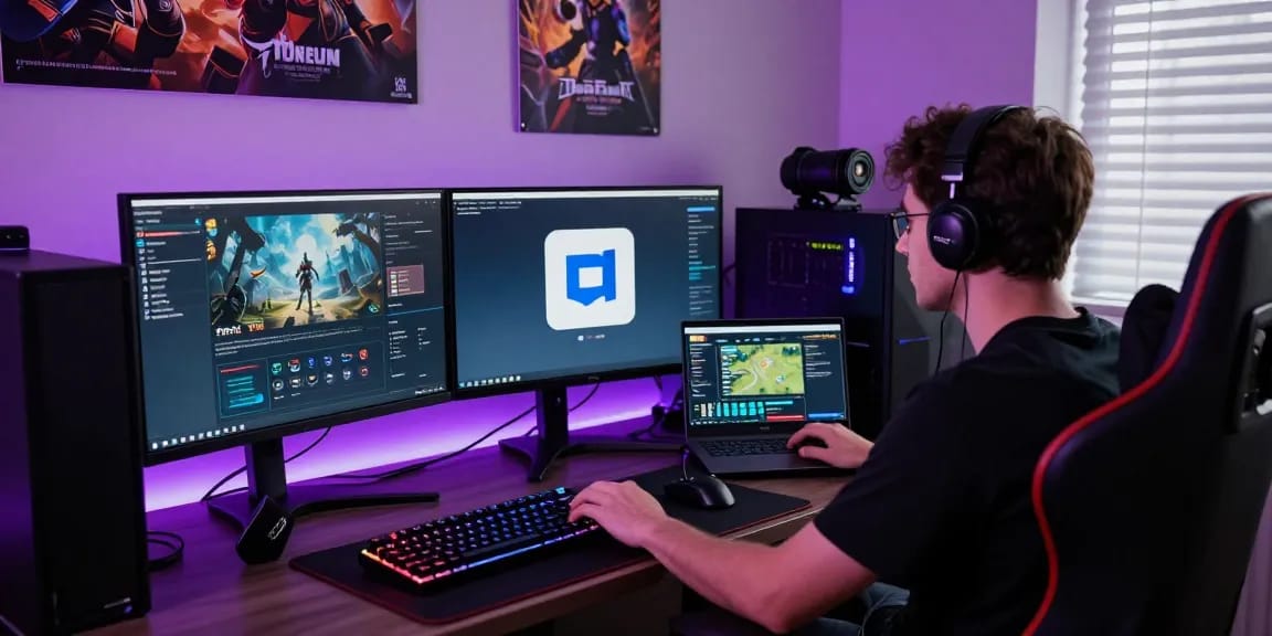 Focused gamer optimizing Gathering Macro for Dark War Survival using multiple monitors and gaming accessories in an immersive workspace.