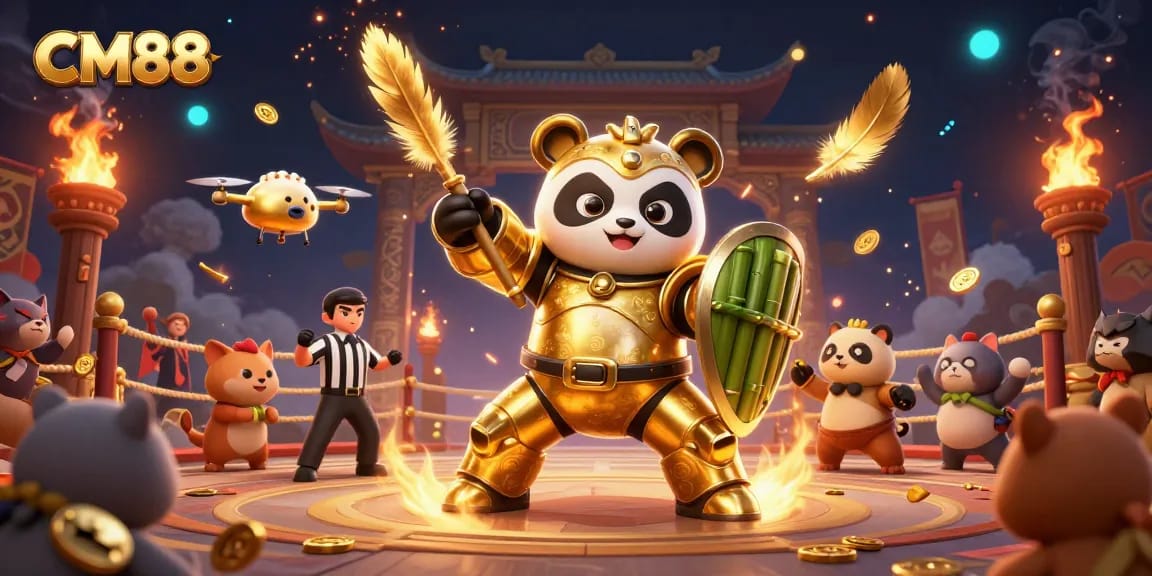 Experience dynamic gaming action with CM88 in this vibrant digital casino arena scene.