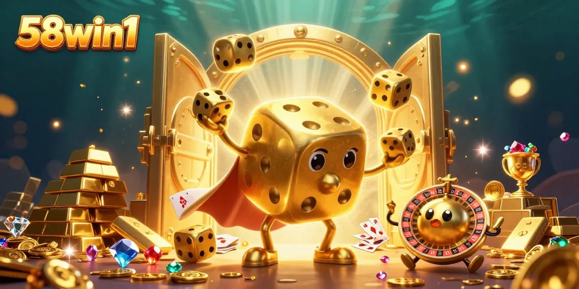 Engage with the 58win1 Casino experience through vibrant 3D illustration showcasing golden dice and treasures.