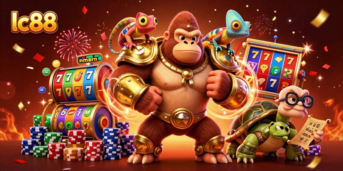 Experience thrilling gaming at lc88 with vibrant slot reels, a powerful gorilla, and casino elements.