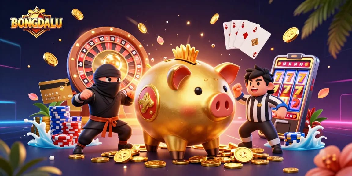 BONGDALU showcases a dynamic gambling scene with a golden piggy bank sumo wrestler and vibrant casino elements.