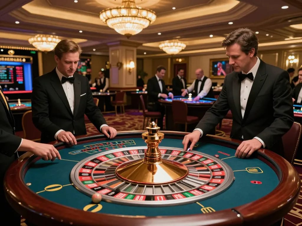 Experience the excitement at megaplus88's roulette table with players actively betting and the ball spinning.