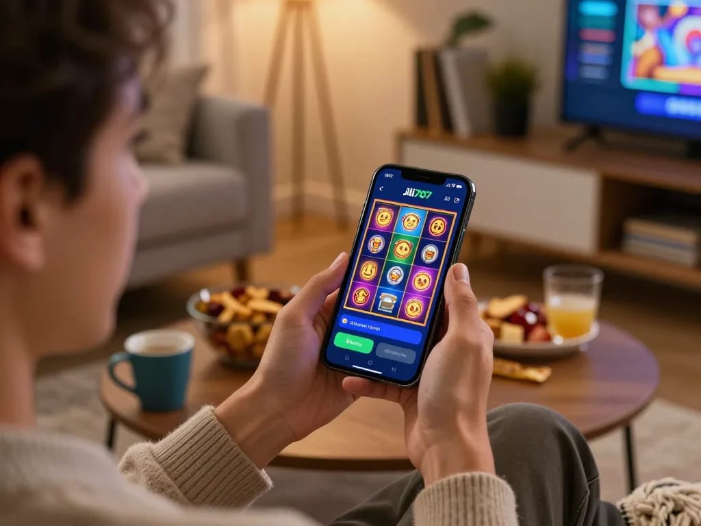 Engaging with jili707 mobile app while playing slots in a cozy home setting.