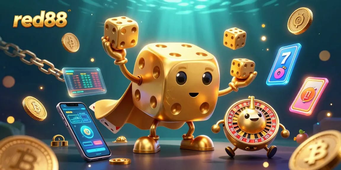 Engage with thrilling games at RED88, showcasing exciting golden dice and vibrant slot elements in a dynamic setting.