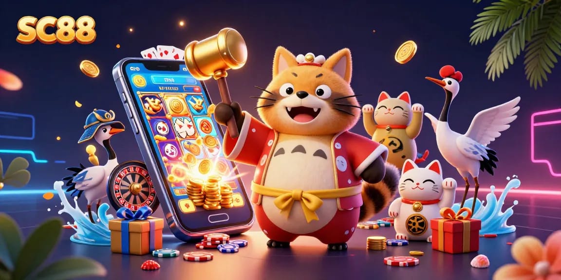 Spin to win with SC88 in a vibrant 3D casino scene featuring lucky tanuki and colorful characters.
