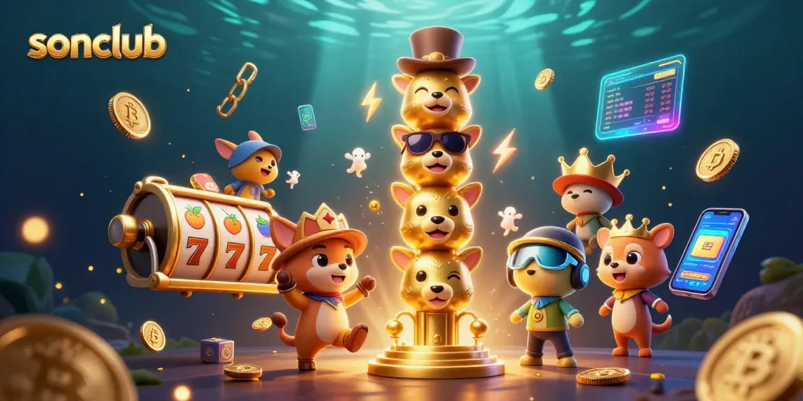 Engage with the vibrant world of sonclub's casino games, featuring dynamic 3D illustrations of animated characters and colorful elements.