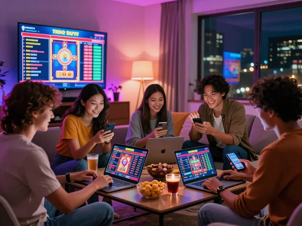 Friends enjoying online bets on 399W with laptops and snacks in a lively living room.