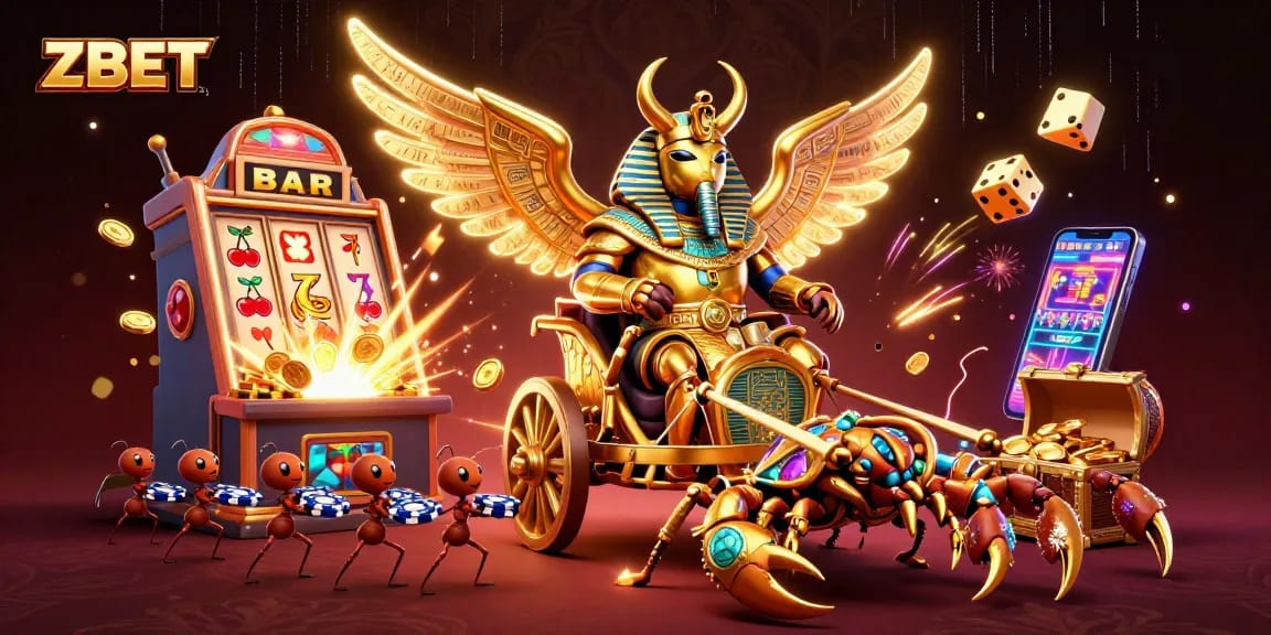 ZBET strategy for jackpot wins with a vibrant 3D casino scene featuring a colossal scarab beetle.