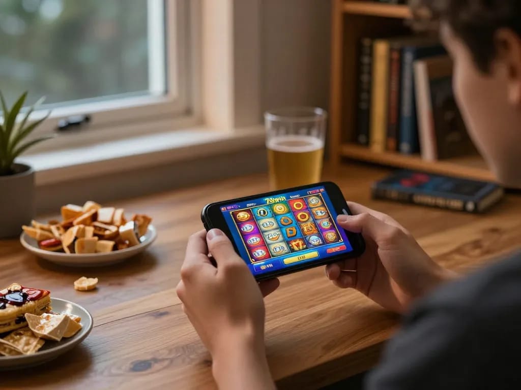 Playing exciting slot games on the 789win app from a cozy home setting, highlighting strategic online gaming.