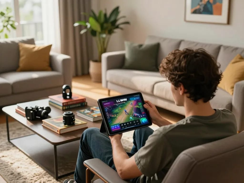 LLWIN Download interface displayed on tablet during an engaging online gaming session at home