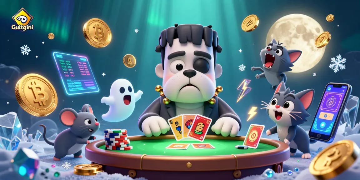 Experience the thrill with Guitgini at the casino, where the monster deals cards amidst enchanting lights.