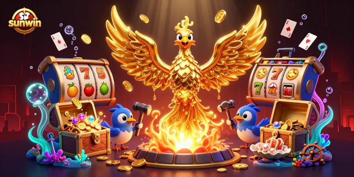Experience the thrill of sunwin as the glowing golden phoenix brings luck with gaming treasures.