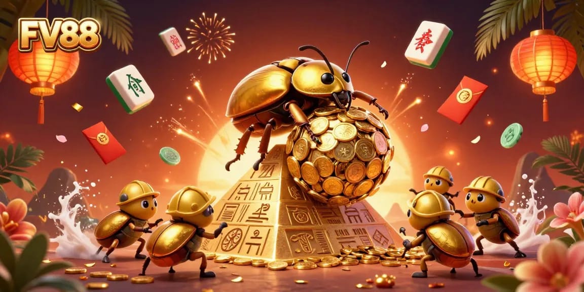 Engage with FV88 casino adventures through golden beetles rolling coins in vibrant 3D illustration.
