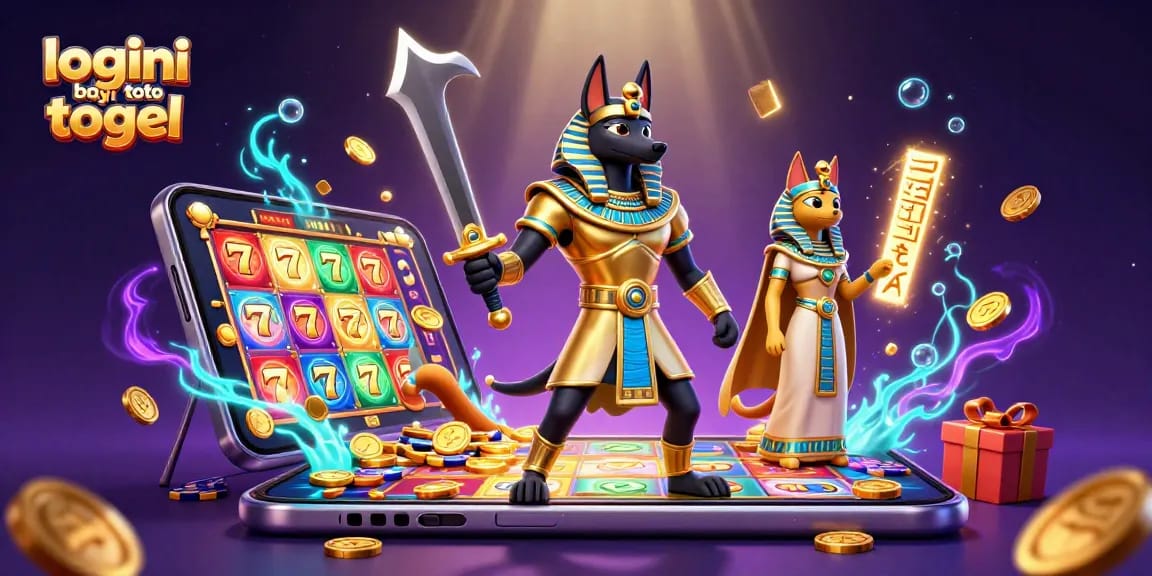 Engage in exciting gameplay with "login bayi toto togel" showcased through stunning 3D Egyptian warriors and dynamic casino elements.