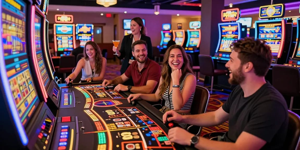Exciting slot machine gaming scene with friends enjoying vibrant casino atmosphere