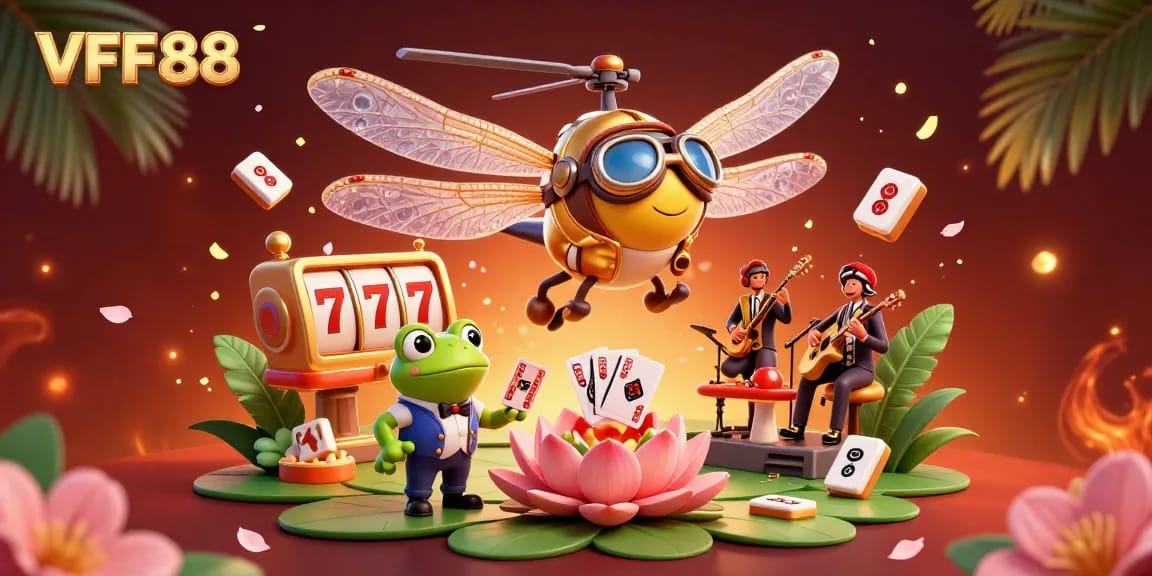 Engage in thrilling jackpots at VFF88, where a frog dealer and dragonfly pilot create a vibrant gaming atmosphere.